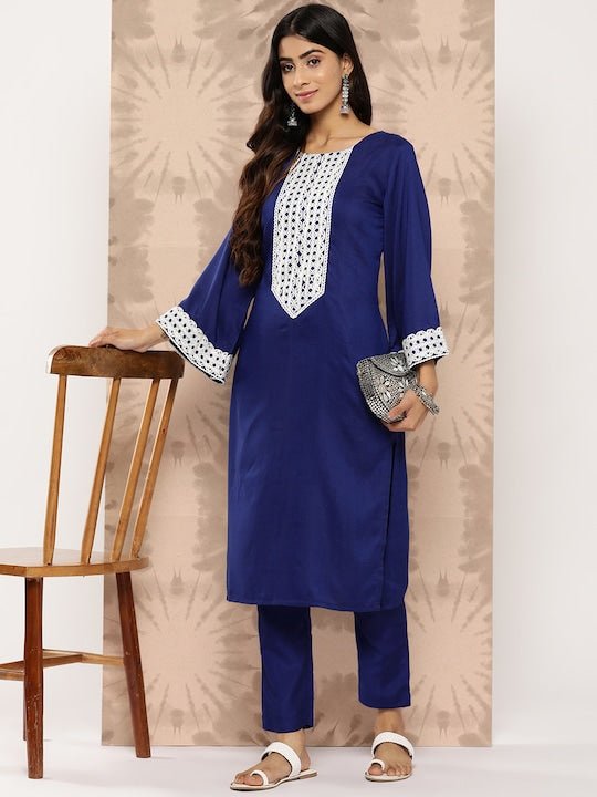 Yoke Design Regular Thread Work Kurta with Trousers - Inddus.com