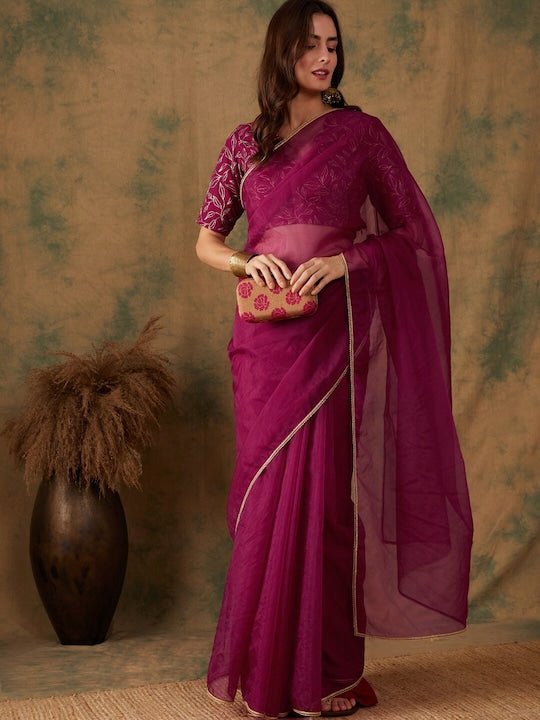 Zari Bordered Organza Saree - Inddus.com
