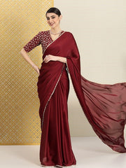 Zari Embroidered Satin Saree - Inddus.com